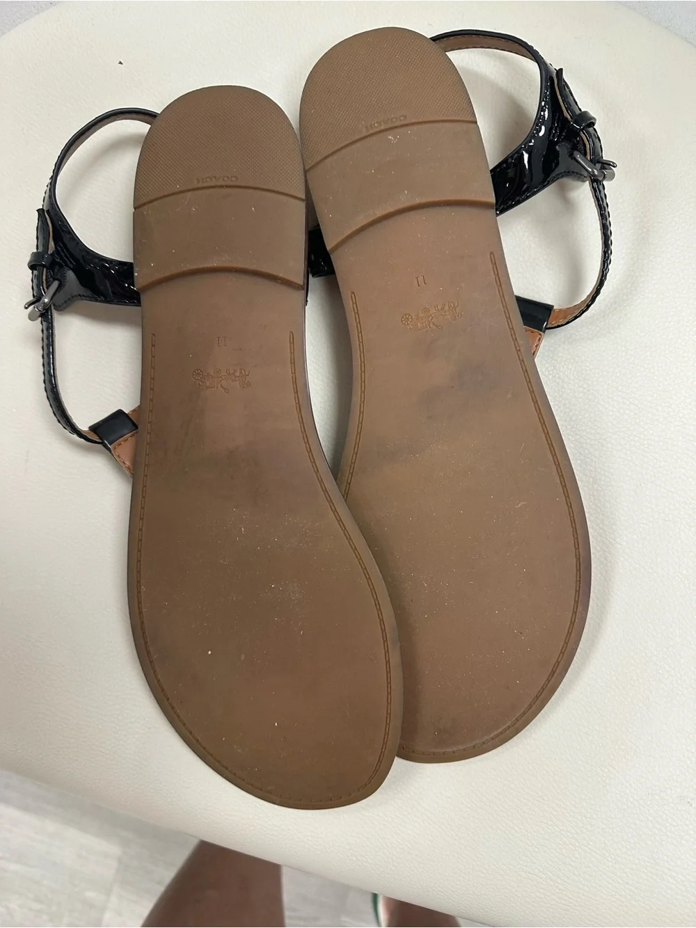 Coach Black Patent T-Strap Sandals with Tan Footbed